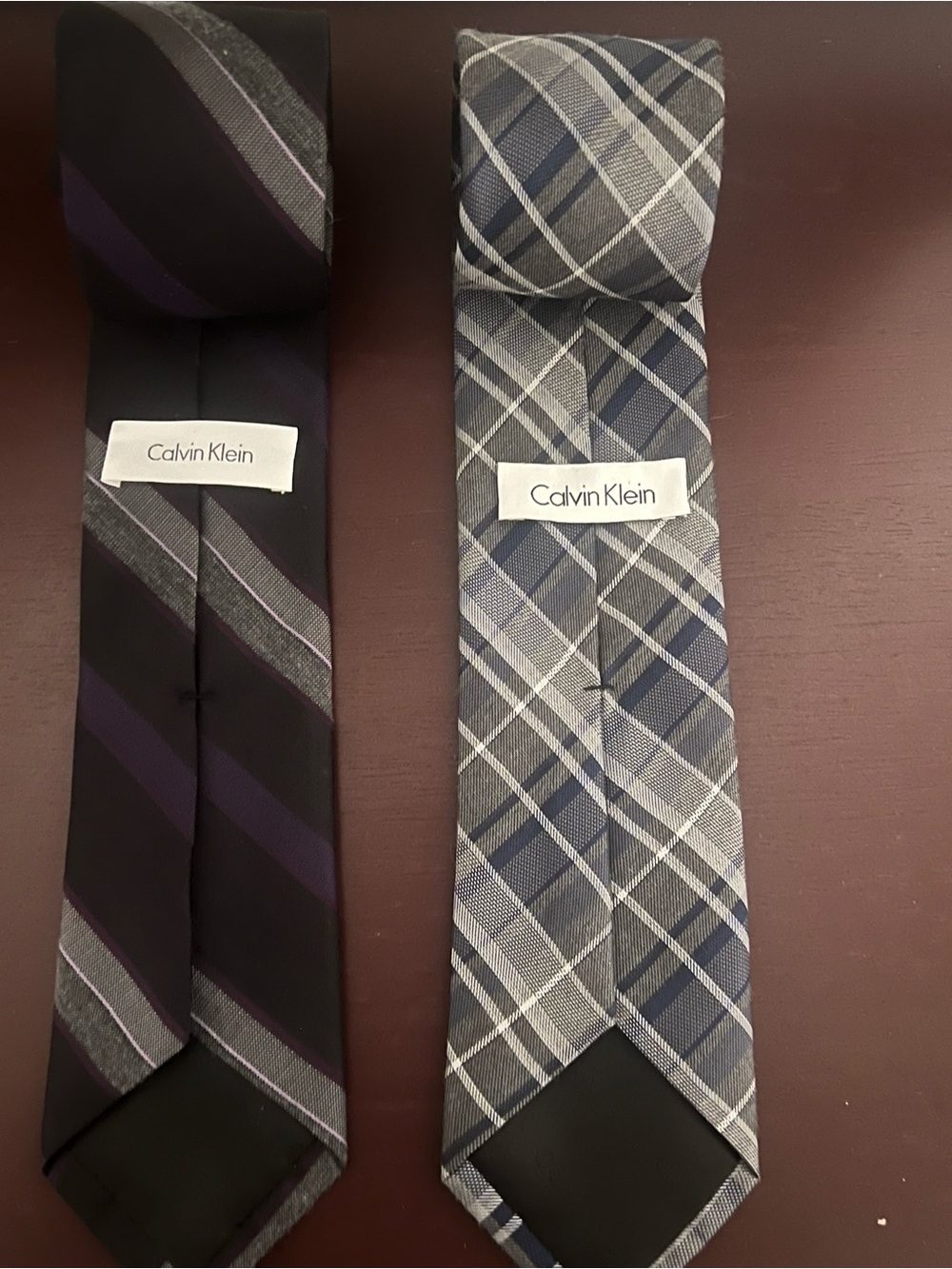 Lot of 2 Calvin Klein Men's Ties XL 59-60" Gray Plaid & Charcoal/Purple Stripe